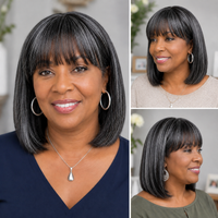 Salt & Pepper Straight Bob Wig With Bangs, Real Human Hair Glueless Wigs For Seniors, Black Base With Gray Highlights