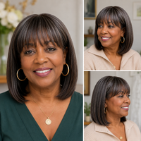 Salt & Pepper Straight Bob Wig With Bangs, Real Human Hair Glueless Wigs For Seniors, #4 Dark Brown Base With Salt And Pepper Gray Highlights