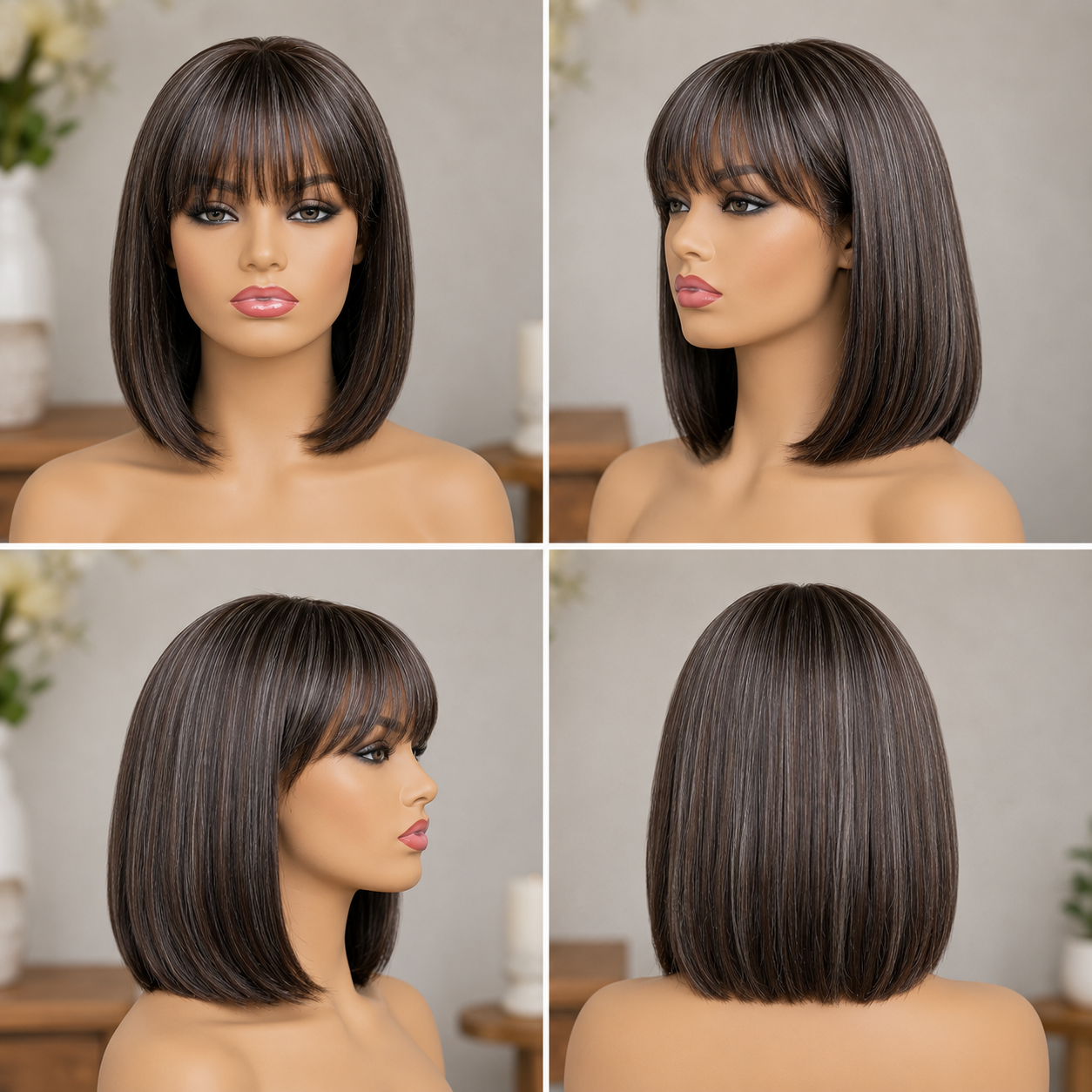 Salt & Pepper Straight Bob Wig With Bangs, Real Human Hair Glueless Wigs For Seniors, #4 Dark Brown Base With Salt And Pepper Gray Highlights