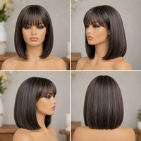 Salt & Pepper Straight Bob Wig With Bangs, Real Human Hair Glueless Wigs For Seniors, #4 Dark Brown Base With Salt And Pepper Gray Highlights