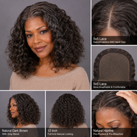 5x5 Lace Dark Brown Salt & Pepper Curly Human Hair Water Wave Wig For Black Women | Real Human Hair Wig