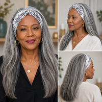 Straight Hair Headband Wig Real Human Hair Salt & Pepper Glueless Wigs For Women
