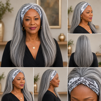 Straight Hair Headband Wig Real Human Hair Salt & Pepper Glueless Wigs For Women
