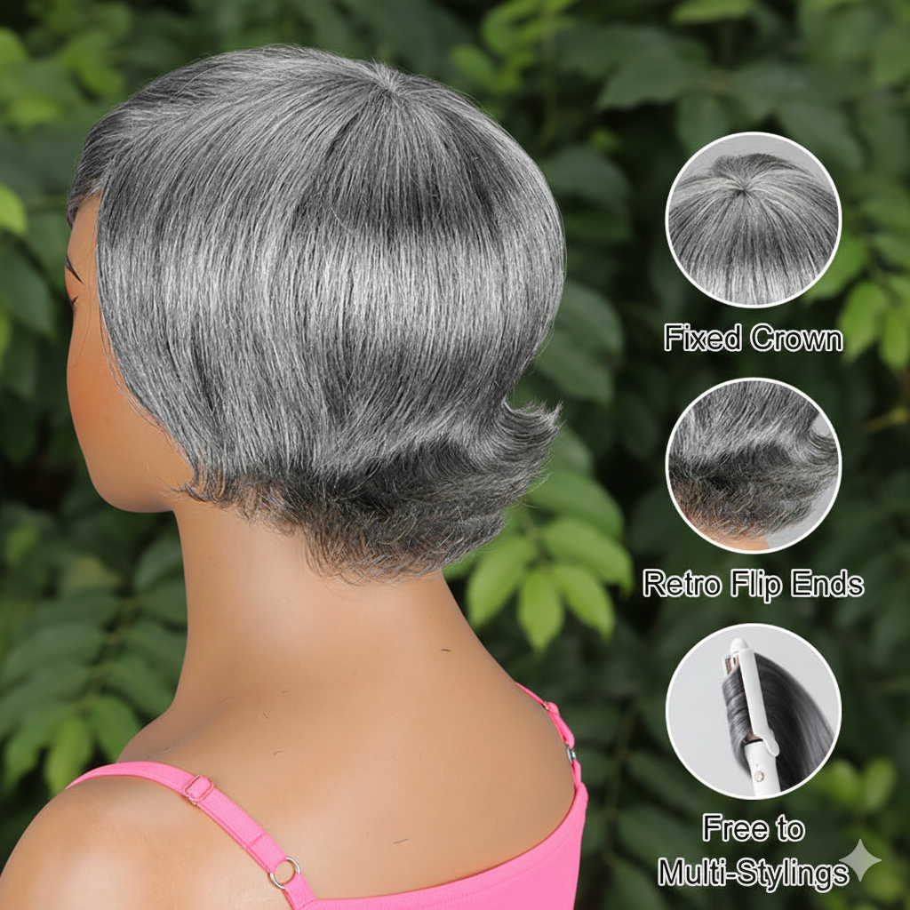 Salt & Pepper Short Pixie Cut Glueless Human Hair Gray Wig With Retro Flip Ends