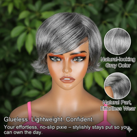 Salt & Pepper Short Pixie Cut Glueless Human Hair Gray Wig With Retro Flip Ends