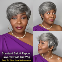 Salt & Pepper Short Pixie Cut Glueless Human Hair Gray Wig With Retro Flip Ends