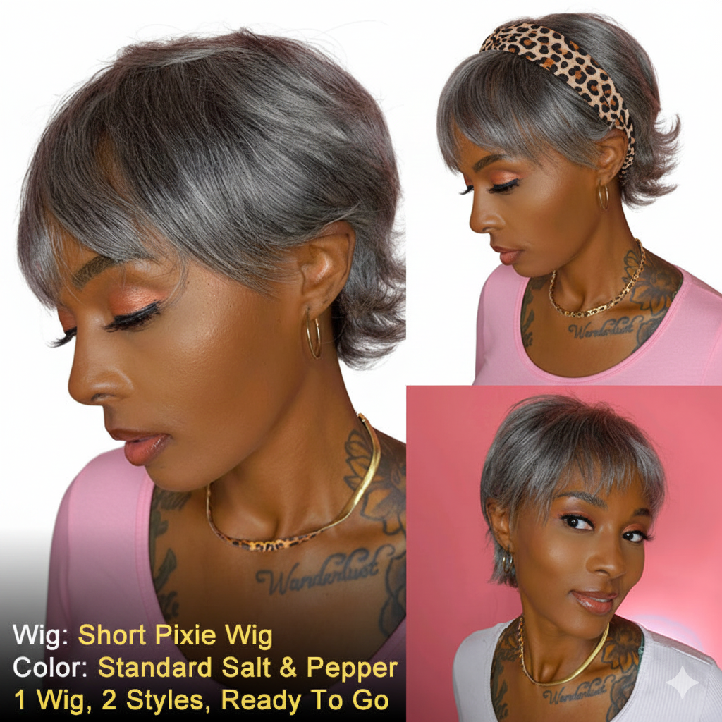 Salt & Pepper Short Pixie Cut Glueless Human Hair Gray Wig With Retro Flip Ends