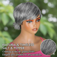 Salt & Pepper Short Pixie Cut Glueless Human Hair Gray Wig With Retro Flip Ends
