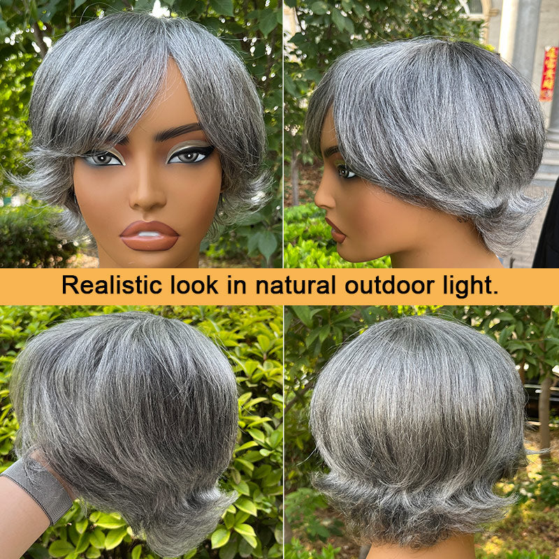 Salt & Pepper Short Pixie Cut Glueless Human Hair Gray Wig With Retro Flip Ends