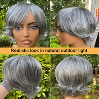 Salt & Pepper Short Pixie Cut Glueless Human Hair Gray Wig With Retro Flip Ends