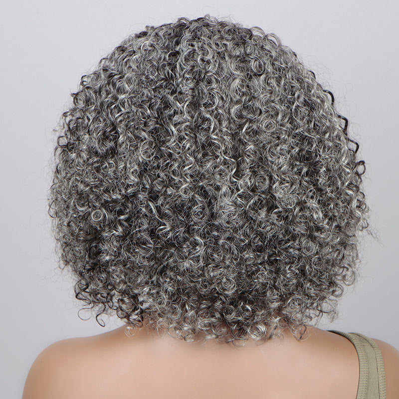 Silver Gray Jerry Curly V-Part Glueless Wigs Real Human Hair Salt and Pepper Short Bob For Women Over 50
