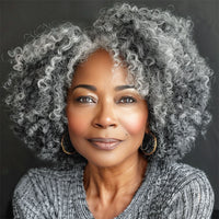 Silver Gray Jerry Curly V-Part Glueless Wigs Real Human Hair Salt and Pepper Short Bob For Women Over 50