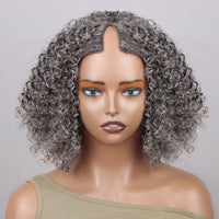 Silver Gray Jerry Curly V-Part Glueless Wigs Real Human Hair Salt and Pepper Short Bob For Women Over 50