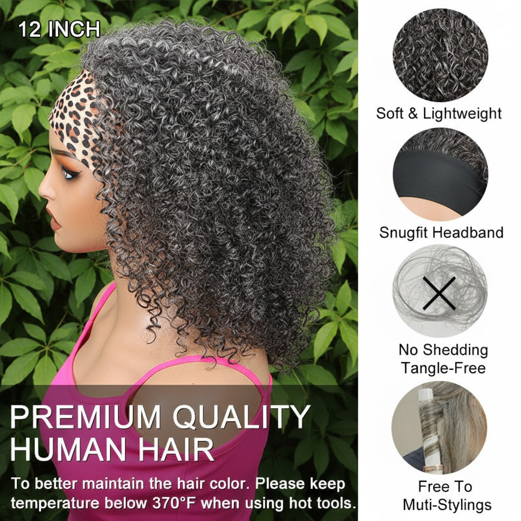 Wear & Go Salt & Pepper Kinky Curly Human Hair Headband Wig For Black Women