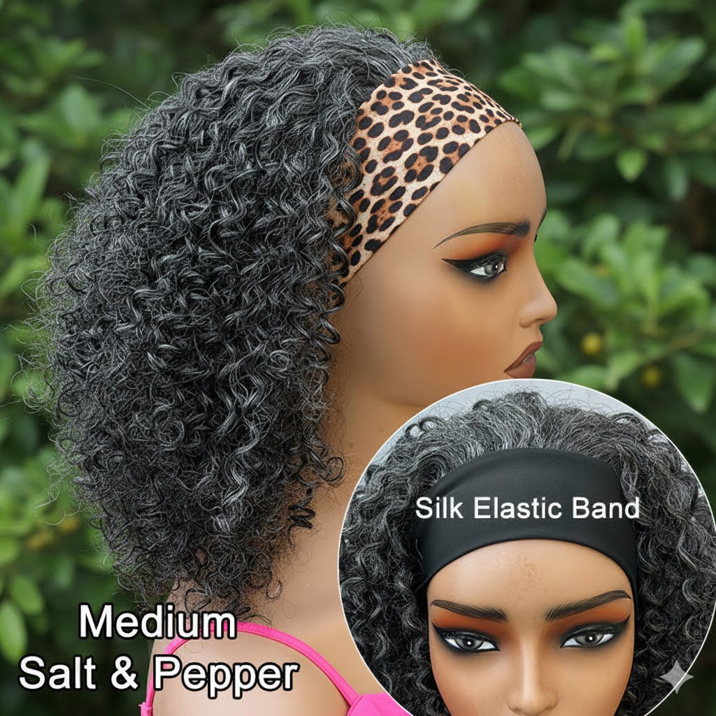 Wear & Go Salt & Pepper Kinky Curly Human Hair Headband Wig For Black Women