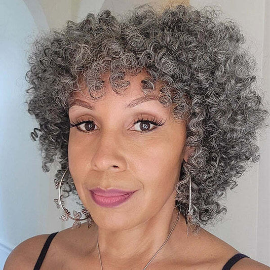 Salt And Pepper Ringlet Curls Wig With Bangs