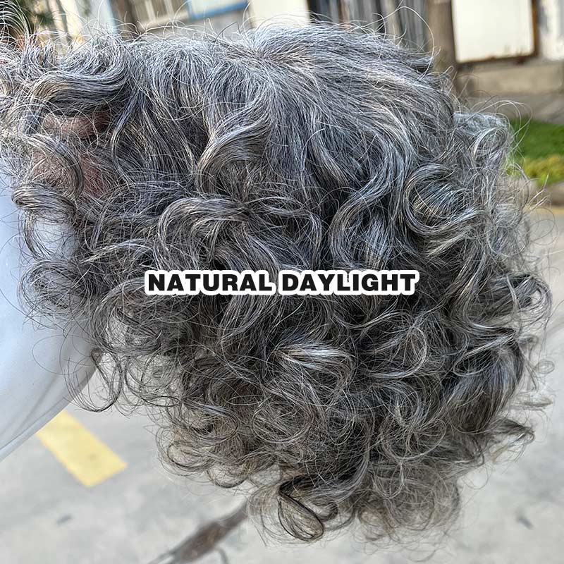 Chic Salt & Pepper Loose Curly Bob Silver Gray Human Hair Glueless Wigs For Elderly Women