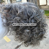 Chic Salt & Pepper Loose Curly Bob Silver Gray Human Hair Glueless Wigs For Elderly Women