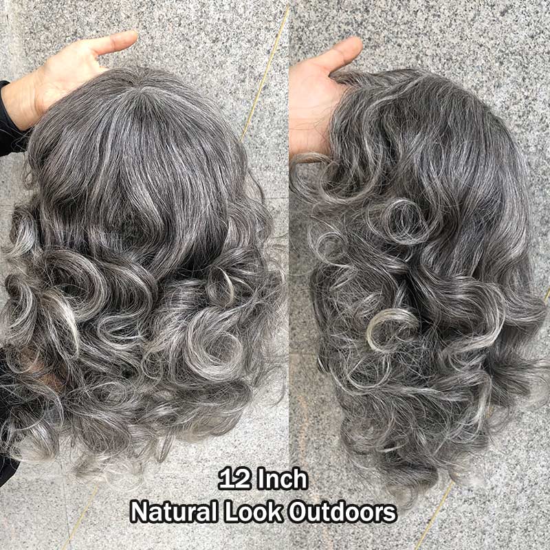 Chic Salt & Pepper Loose Curly Bob Silver Gray Human Hair Glueless Wigs For Elderly Women